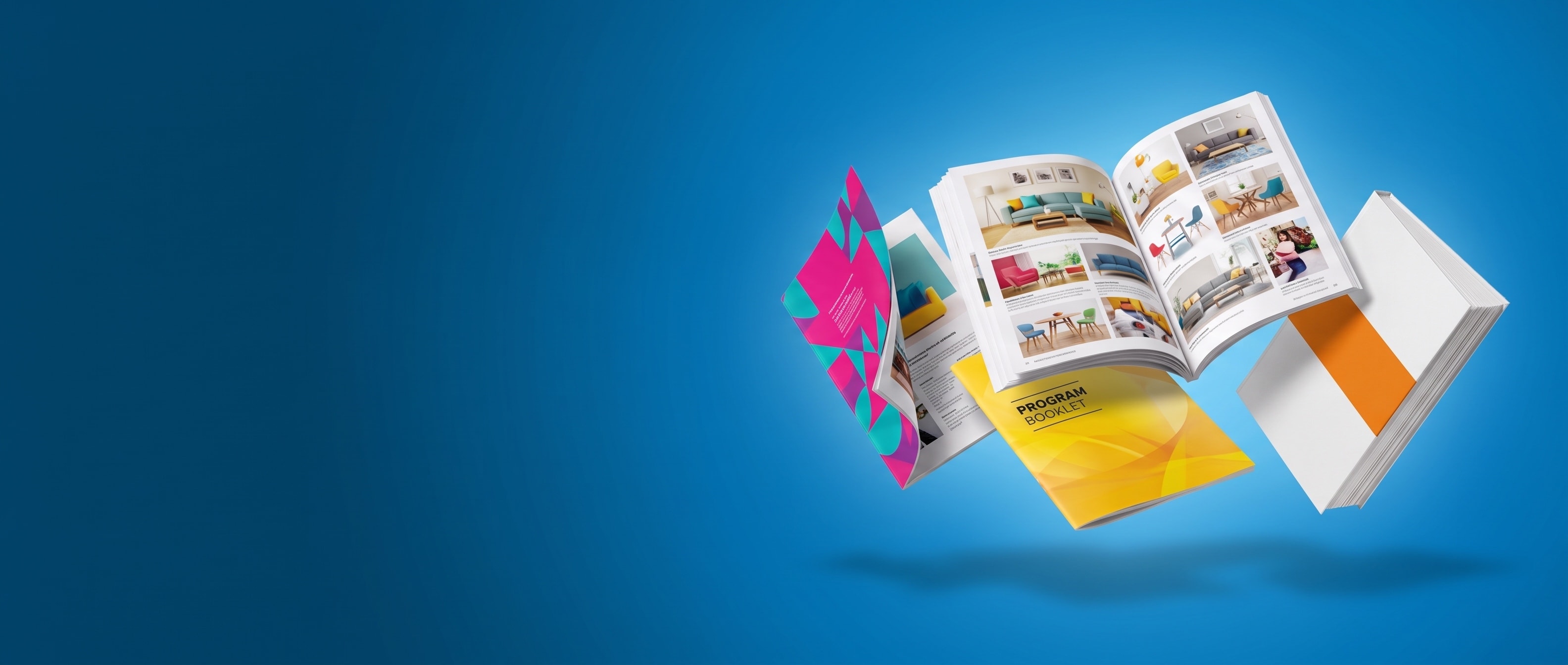 Printed catalogs, a program booklet, and a softcover book