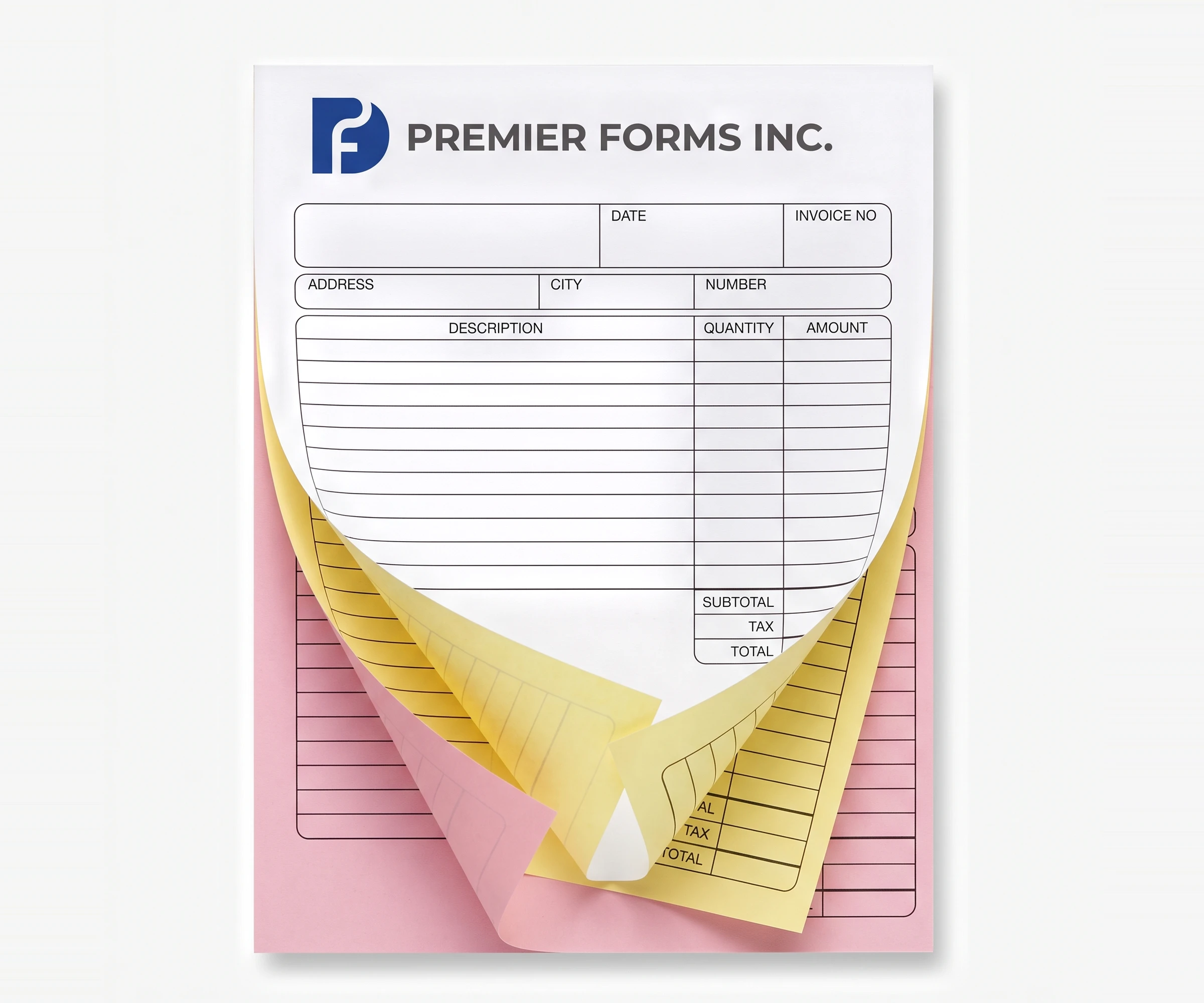 NCR carbonless invoice pad with white, pink and yellow plies