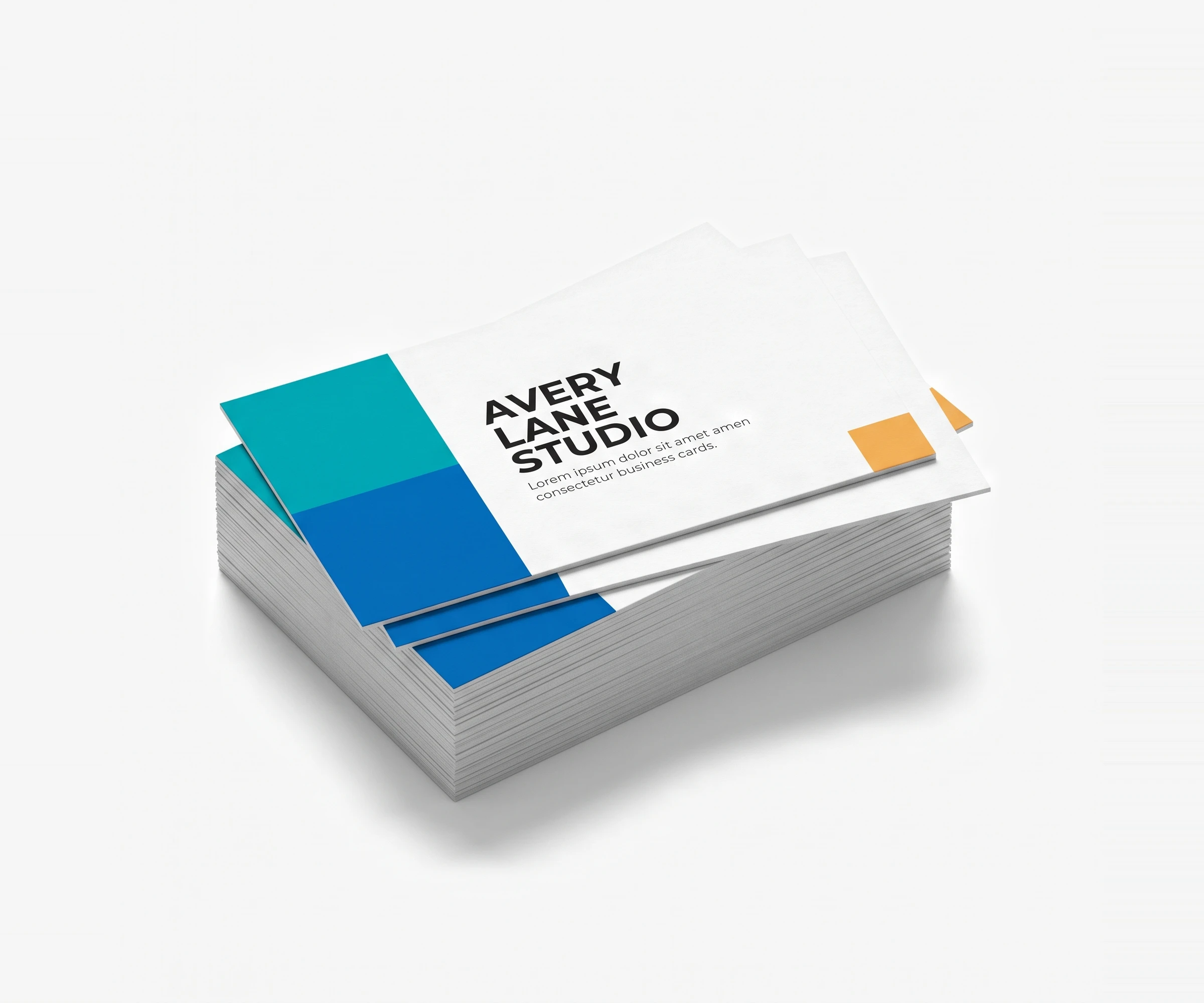 Business cards stacked with two fanned on top