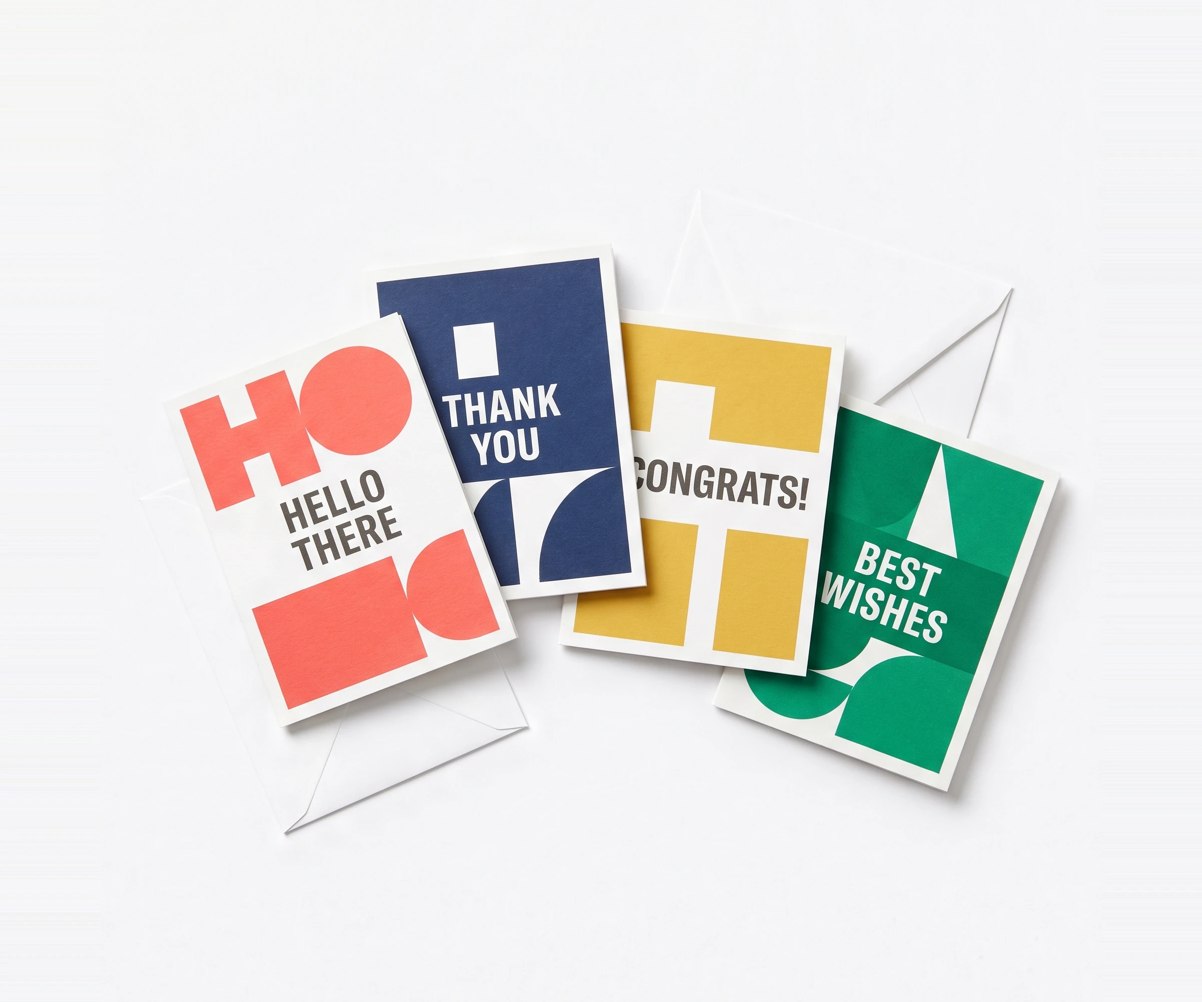 Four notecards with envelopes in a flat lay