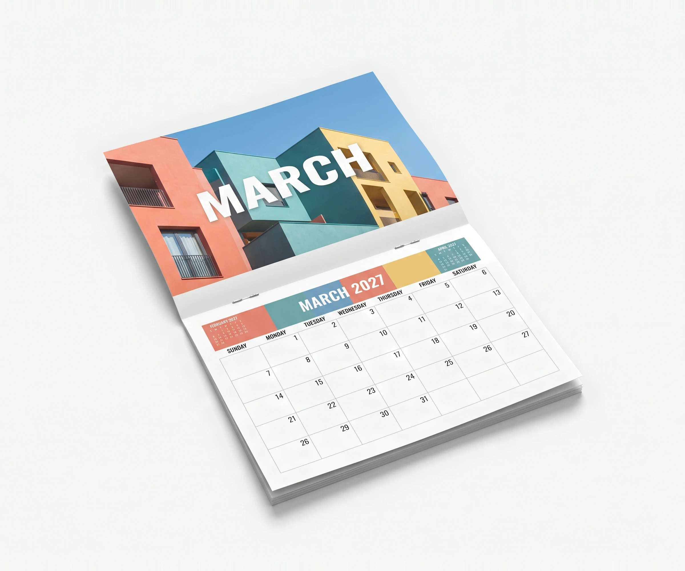 Wall calendar lying flat, open to March