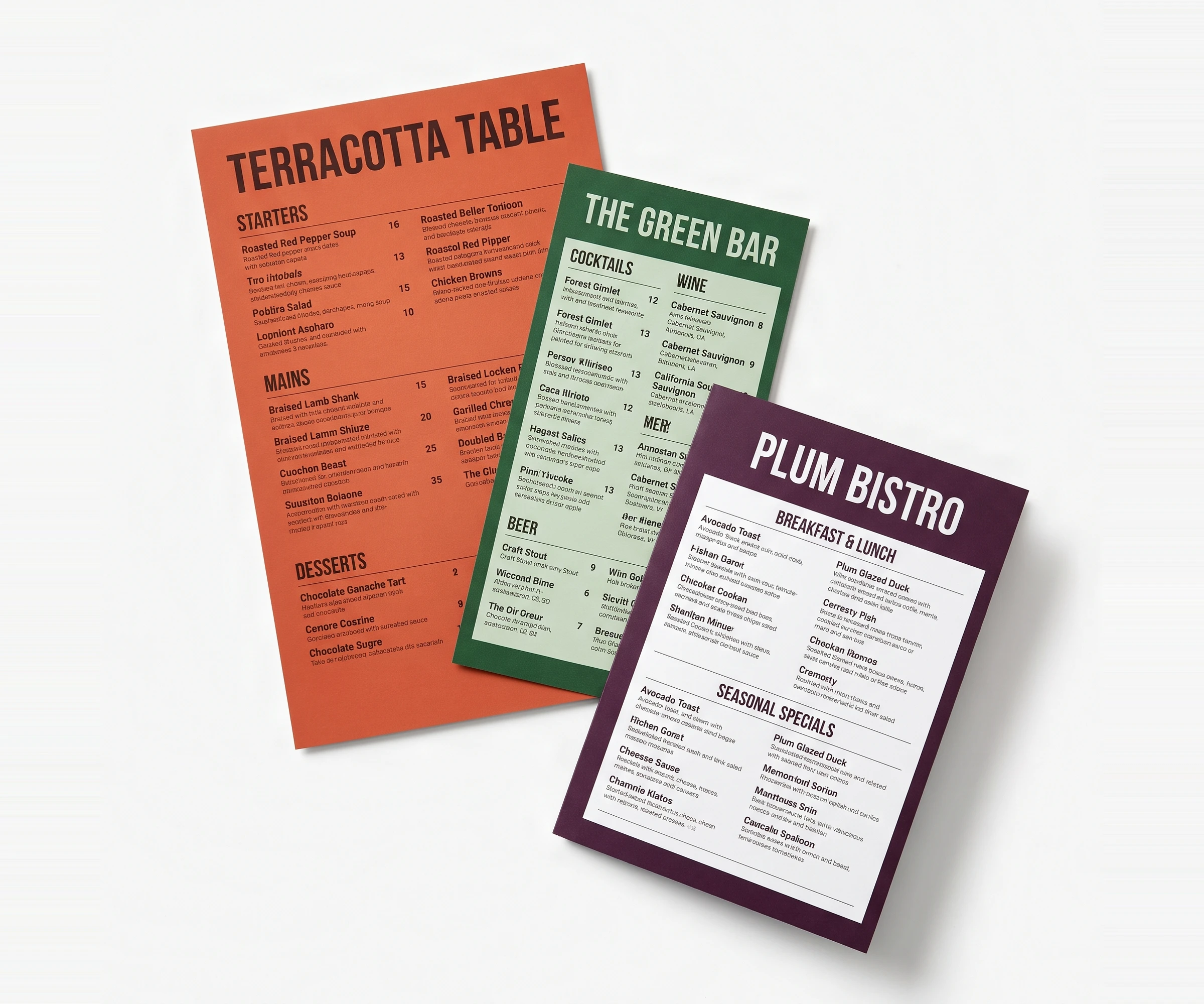 Three menus fanned to show size options